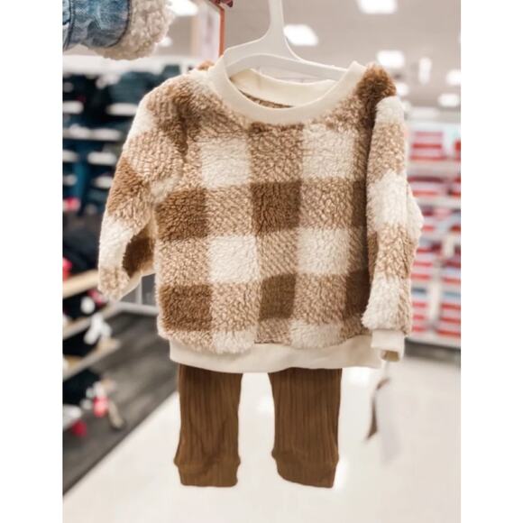 Grayson Collective Baby Buffalo Plaid Sherpa Top & Leggings Set in Brown NWT - Picture 2 of 2